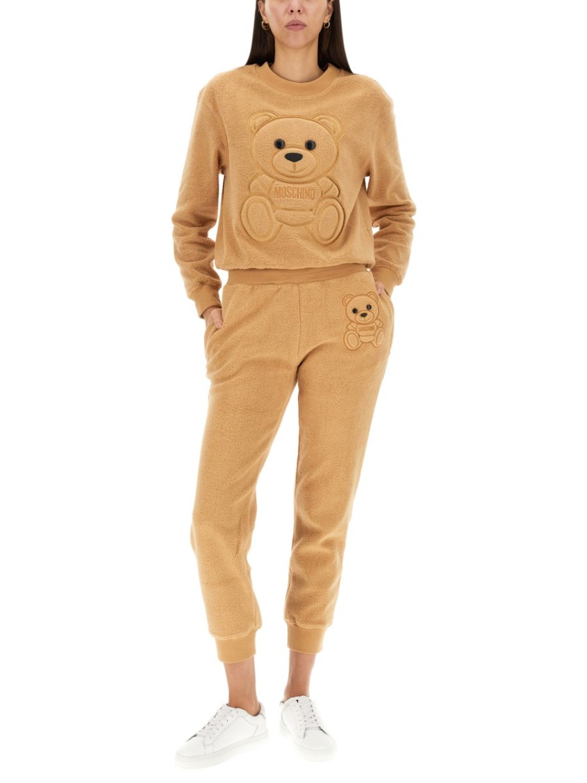 Moschino Soft Cotton Joggers With Teddy Bear Embroidery In Brown