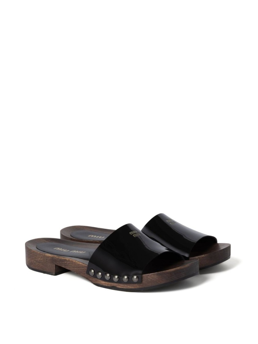 Miu Miu Open-toe Black Patent Sandals With Decorative Studs In Black