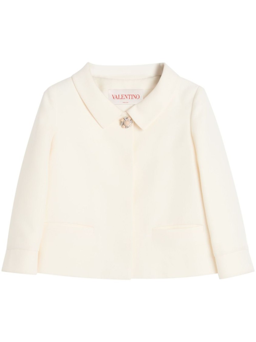 Valentino Garavani White Jacket With Spread Collar And Front Jewel Button In Wool And Silk Woman