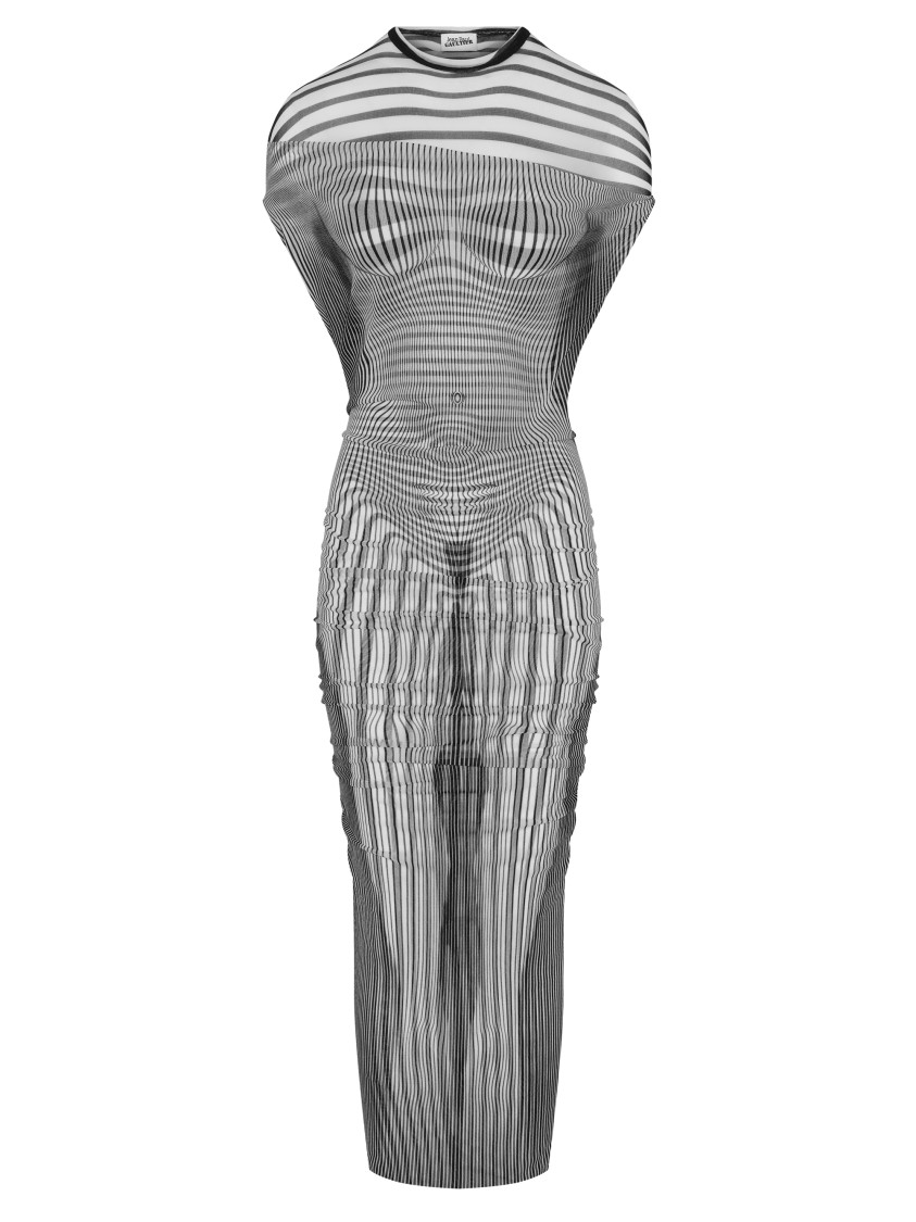 Shop Jean Paul Gaultier Transparent Striped Long Dress In Grey