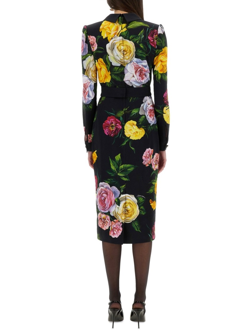 Dolce & Gabbana Calf-length Cady Shirt Dress With Peony And Rose Print In Black