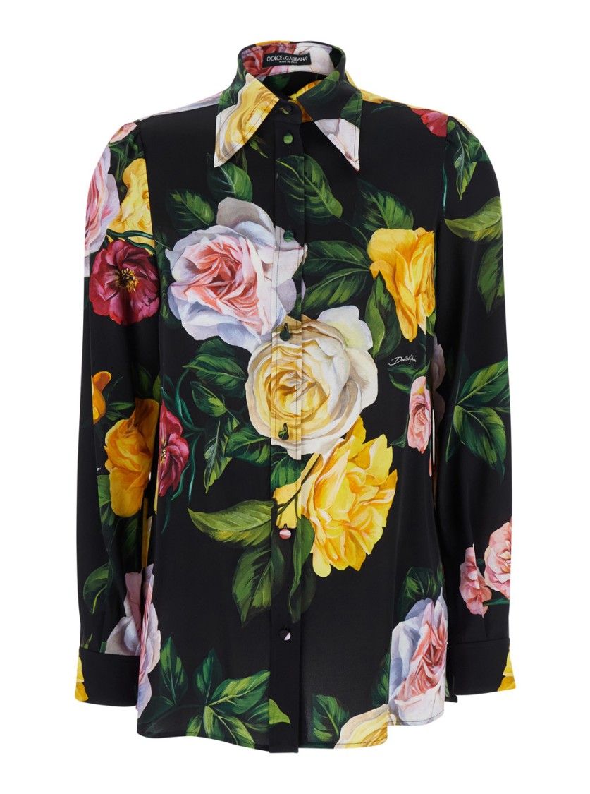 Shop Dolce & Gabbana All-over Floral Motif Silk Multicolor Shirt In Black