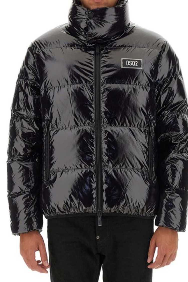 Dsquared2 Black Down Jacket With Logo Patch On The Front In Tech Fabric Man