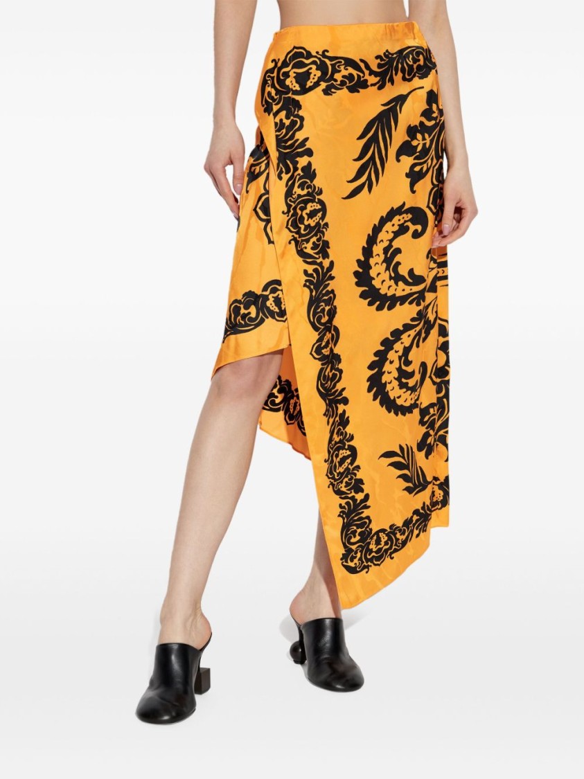 Etro Orange Skirt With Asymmetric Design And All-over Stencil Floral Print In Viscose Woman