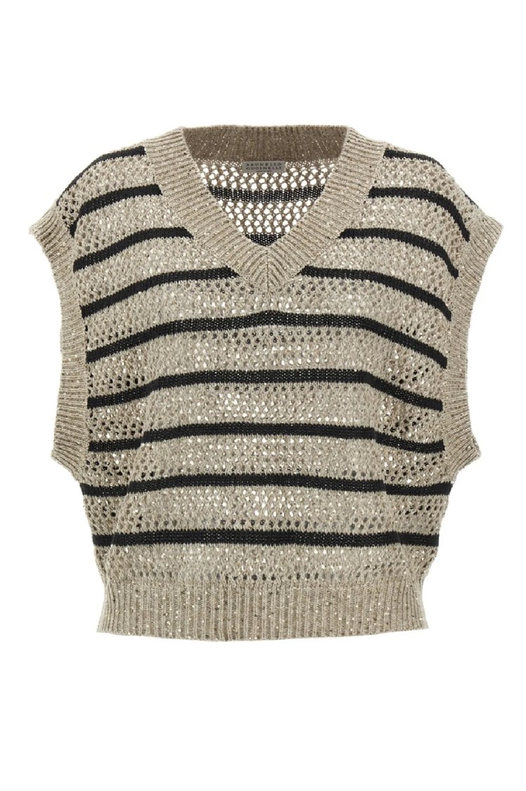 Brunello Cucinelli Cropped V-neck Knit Top With Textured Stripes In Multi
