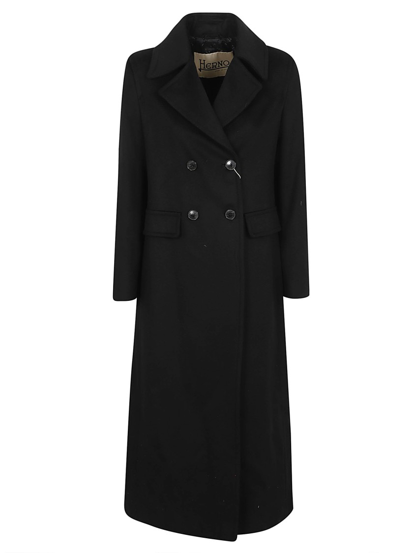 Herno Wool Coat With Pointed Lapels And Pockets In Black