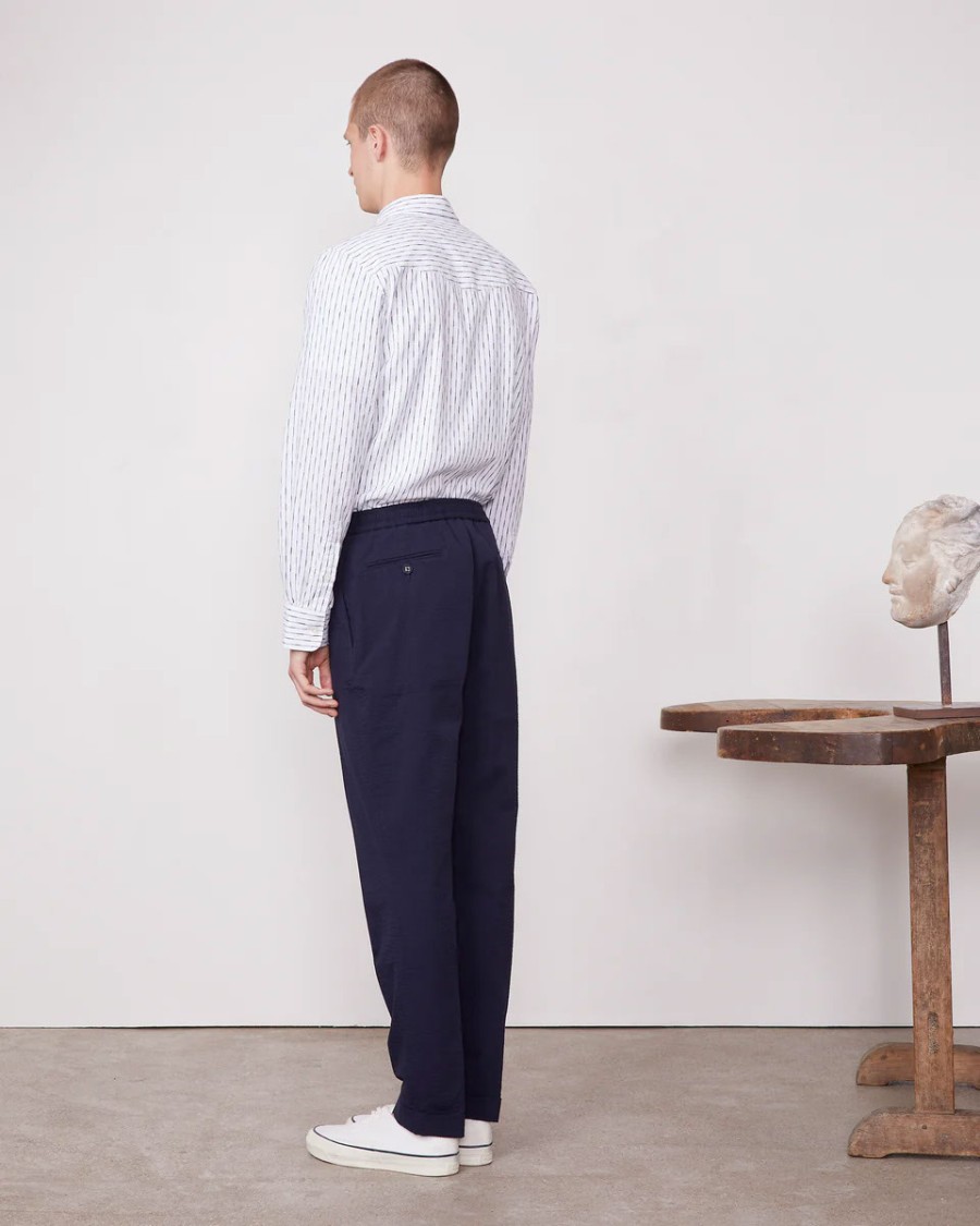 Officine Generale Plain Front Pants With Grosgrain Drawstring In Blue