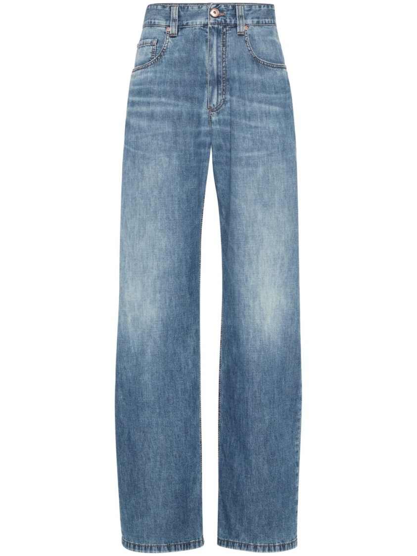 Brunello Cucinelli Wide-leg Blue Jeans With Whiskering Effect And Classic Five-pocket Design In Blue