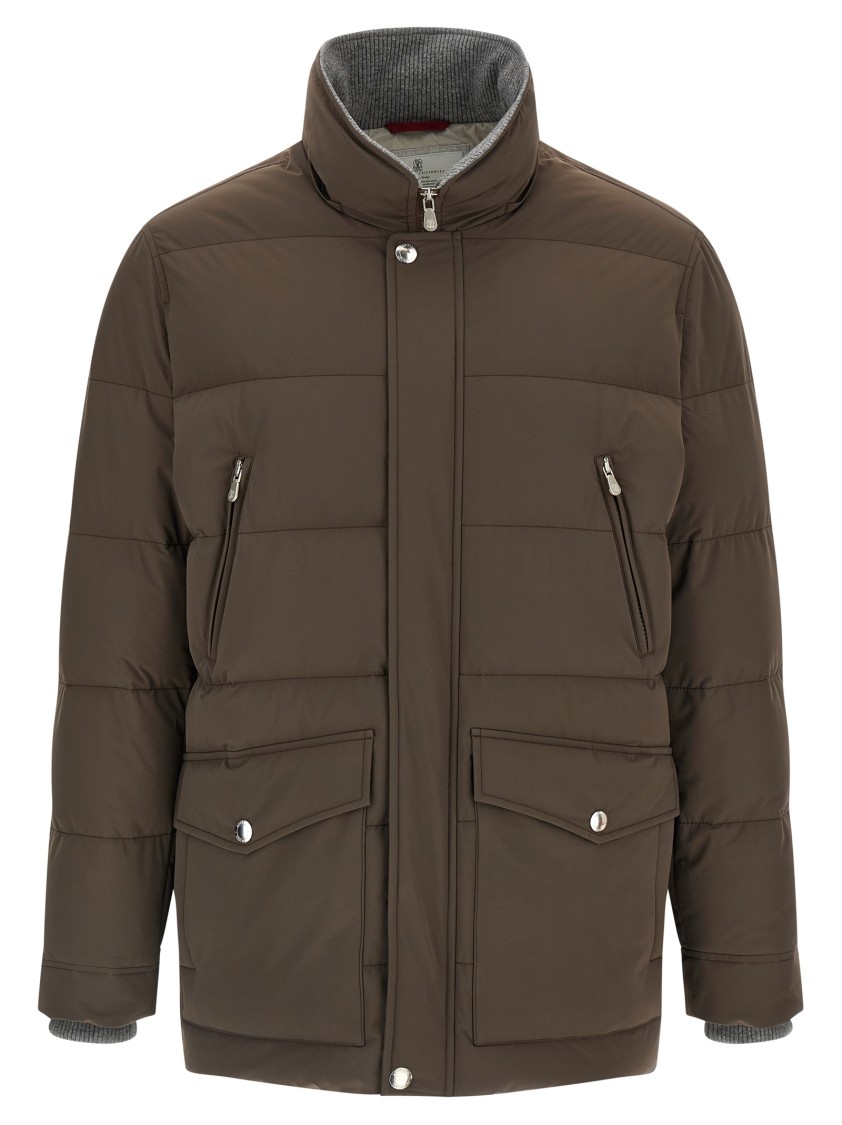 Brunello Cucinelli Knit Insert Down Jacket Puffer Jackets Brown In Gray