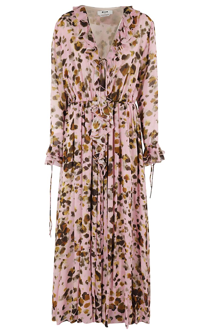 Msgm Abstract-print Ruffle-detailing Dress In Pink