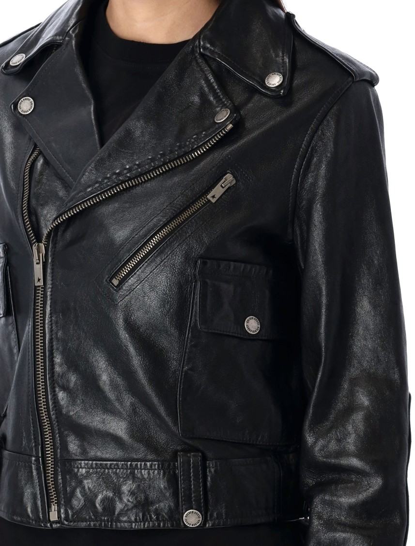 Shop Golden Goose Cropped Black Leather Biker Jacket With Zip