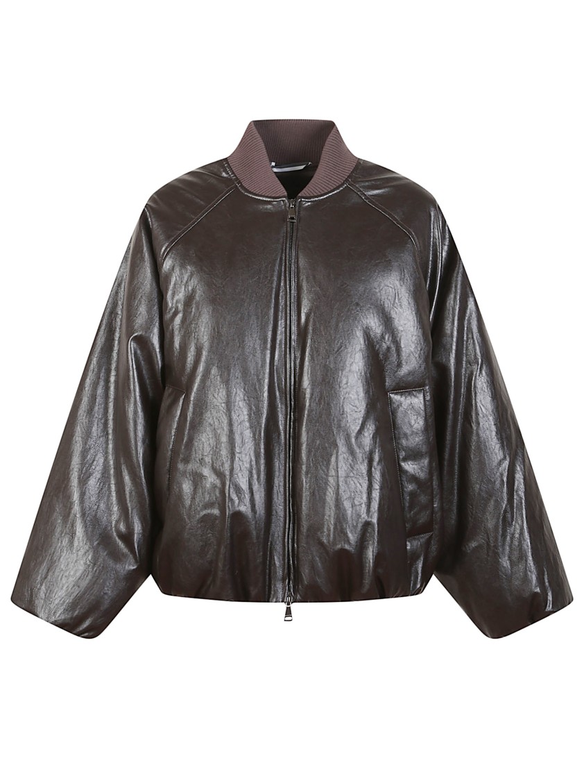 Max Mara Boxy-fit Faux Leather Bomber Jacket With Down Padding In Brown