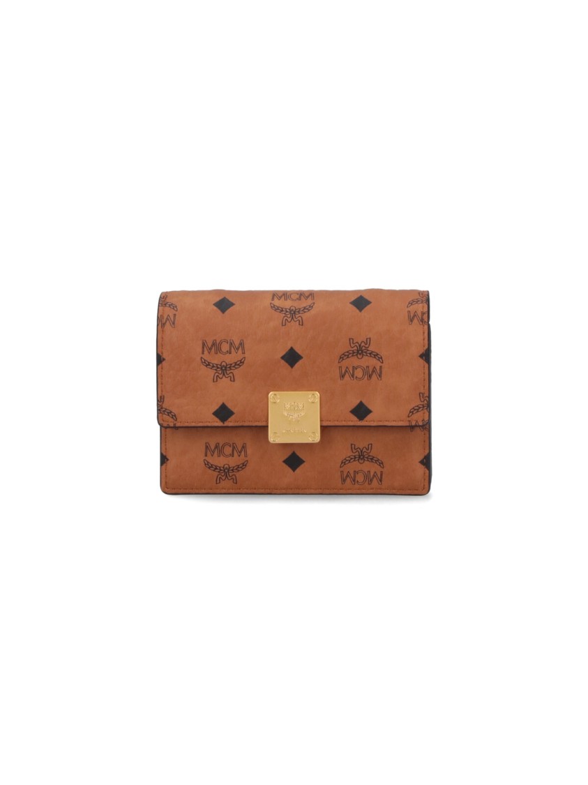 Mcm Logo Print Brown Wallet With Chain Strap In Brown
