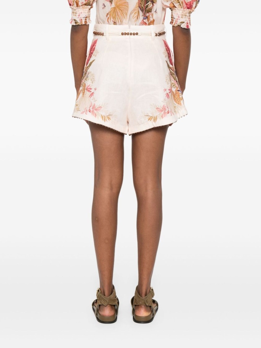 Zimmermann Ascension Belted Bead-embellished Floral-print Linen Shorts In Neutral