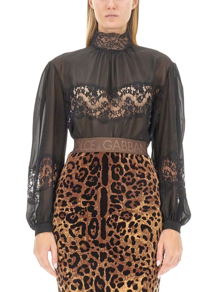 Dolce & Gabbana Georgette Silk Top With Lace Details In Black