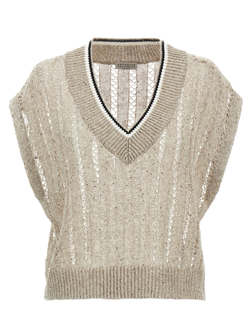 Brunello Cucinelli Ribbed Net Knit T-shirt With V-neck