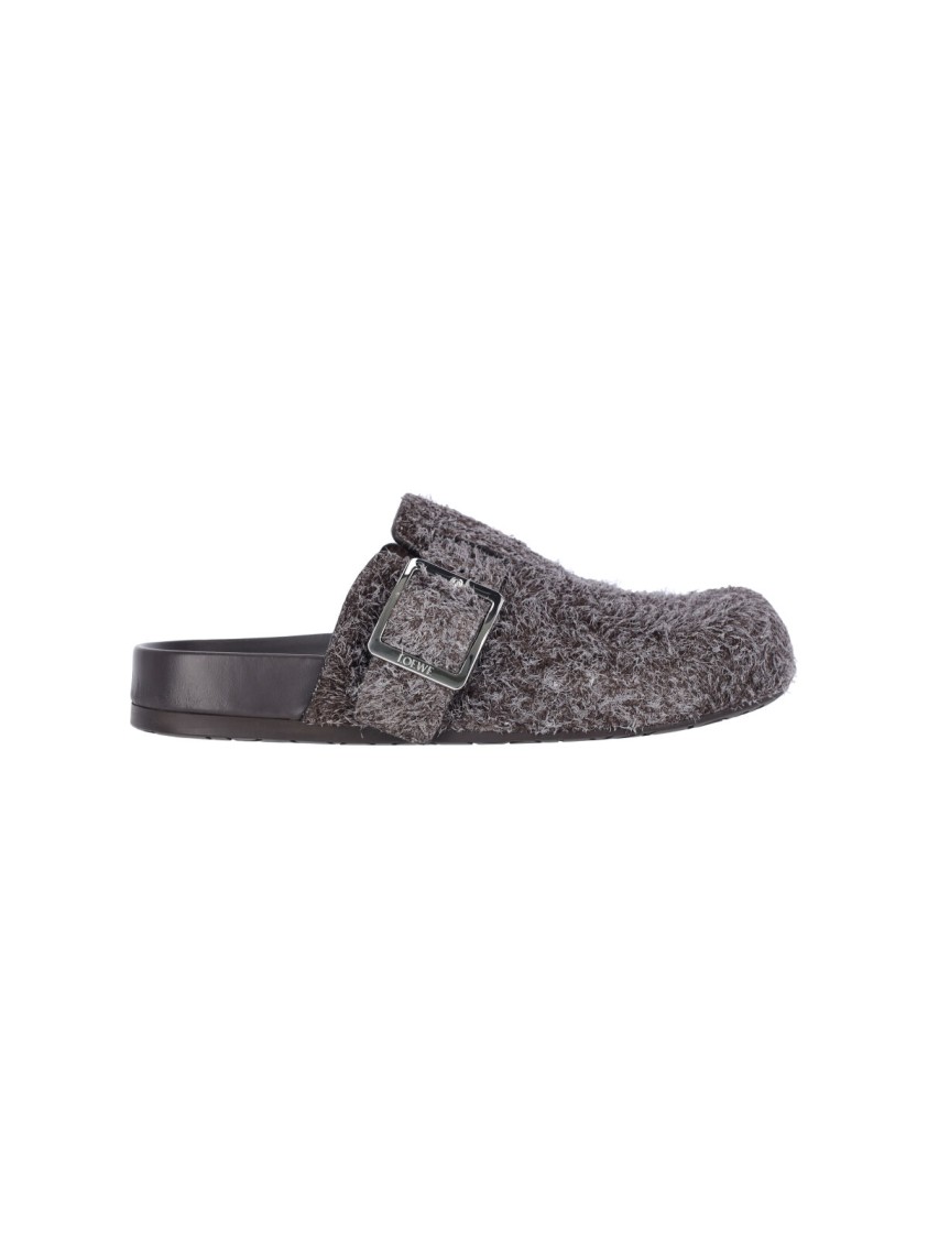 Loewe Buckle Detail Open Back Textured Finish Slippers In Gray