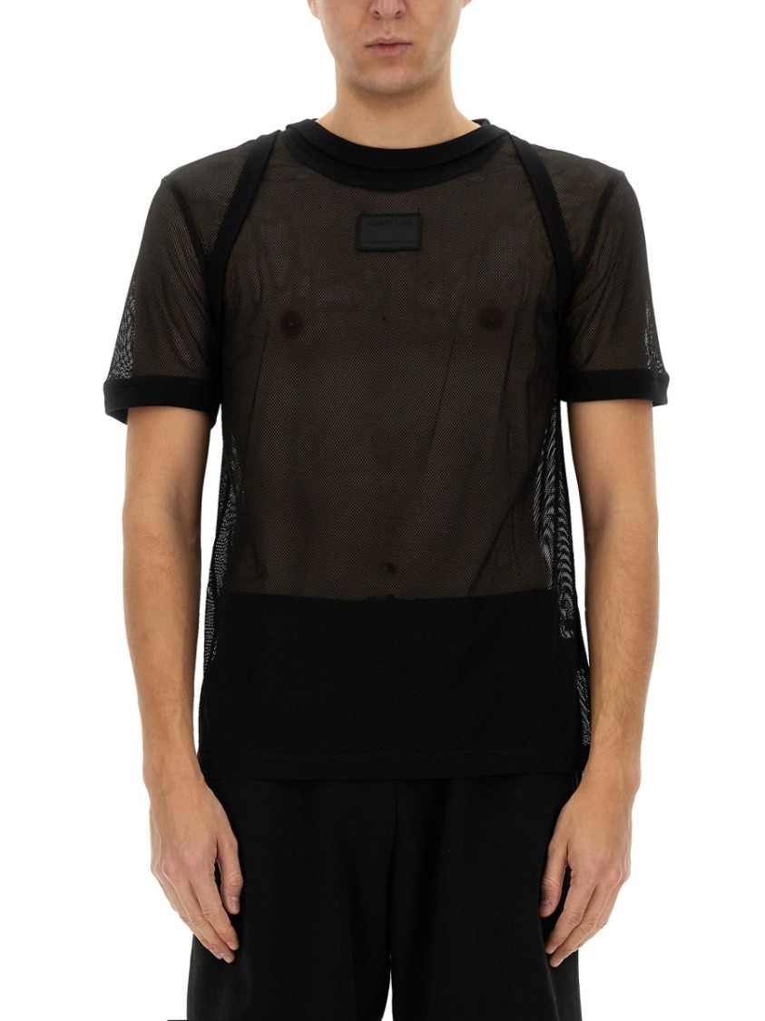 HELMUT LANG HELMUT LANG SEMI-TRANSPARENT MESH T-SHIRT WITH GRAPHIC PRINT