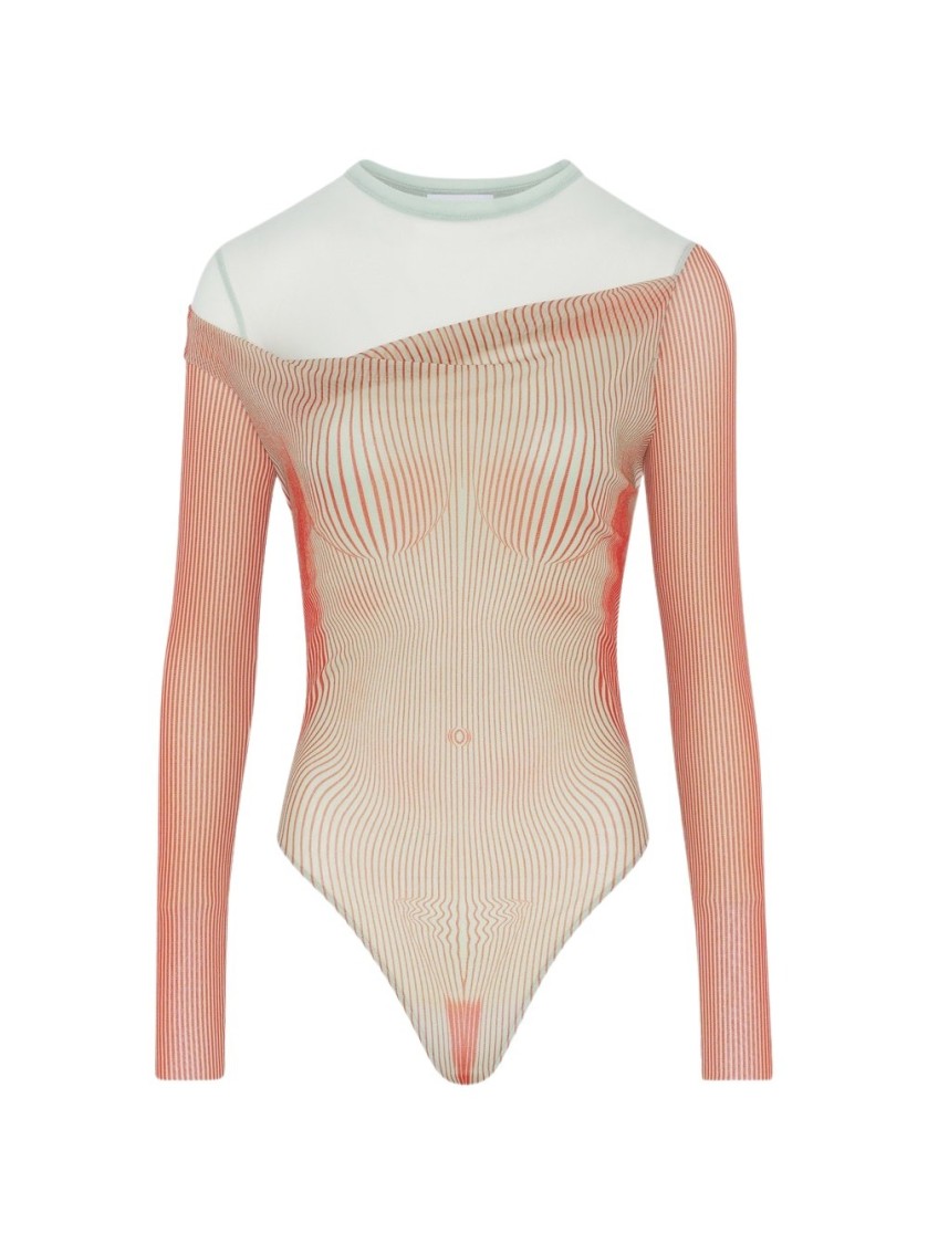 Shop Jean Paul Gaultier Double Layer Pinstripe Body Morphing Bodysuit Mint And Coral In Orange