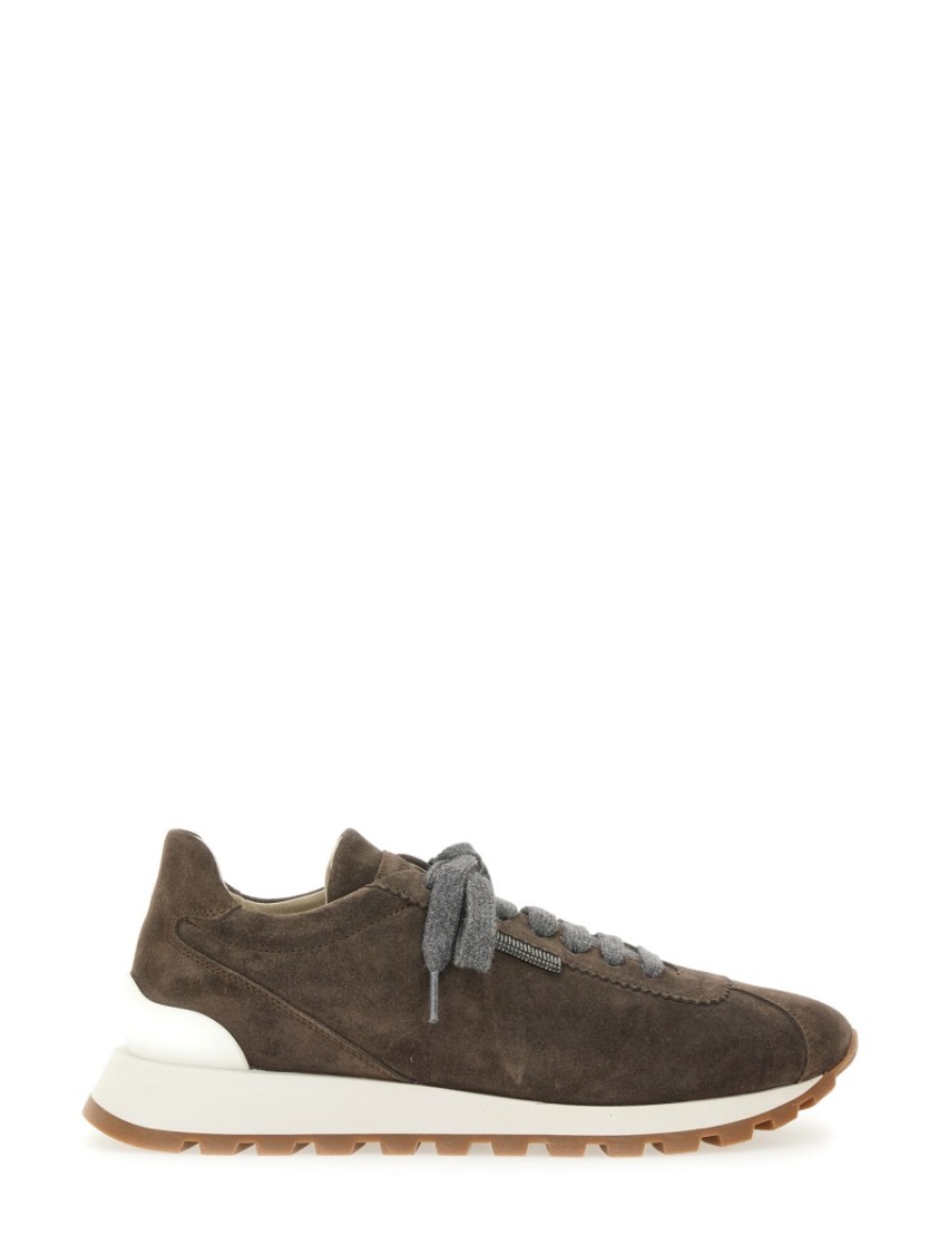 Brunello Cucinelli Brown Low Top Sneakers With Monil Detail On The Side And Embossed Logo Lettering On The Rear In Leat In Gray