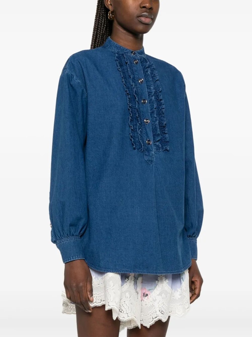 VALENTINO VALENTINO CLASSIC BLUE DENIM SHIRT WITH RUFFLED PLACKET 