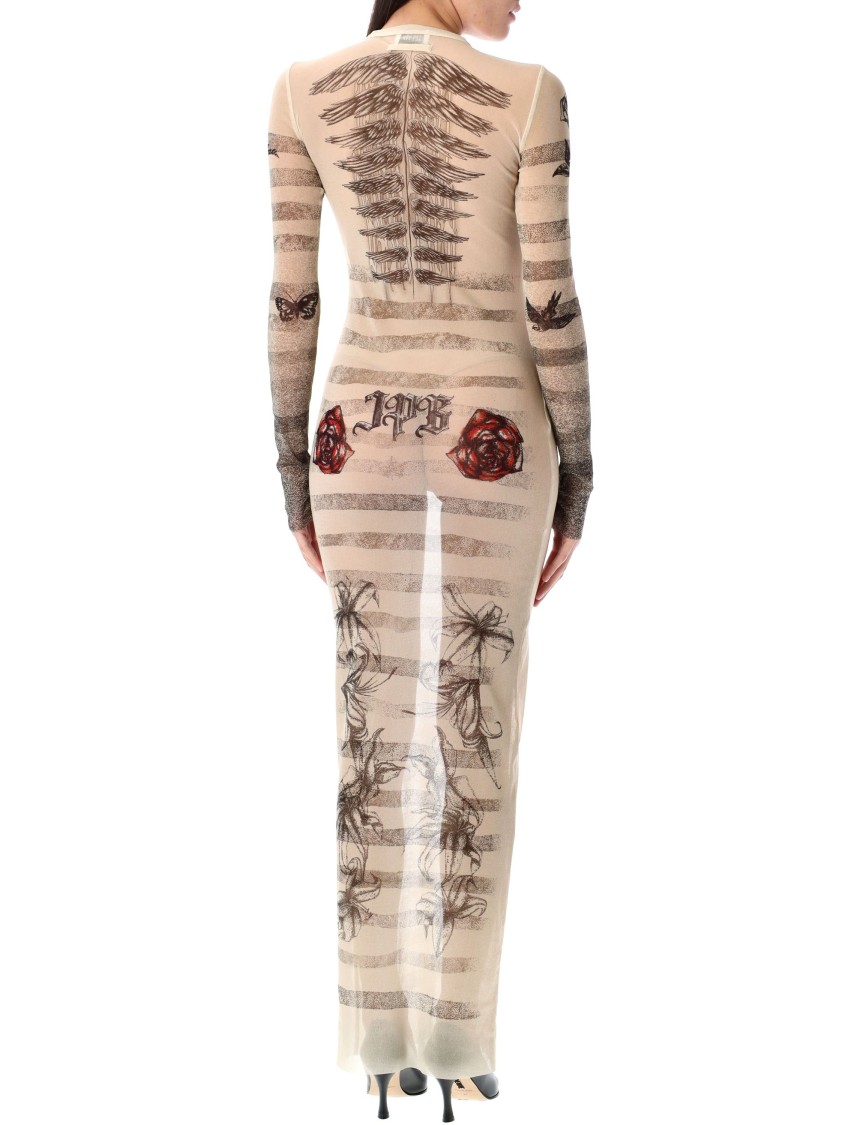 Jean Paul Gaultier Mesh Tattoo Striped Long Dress In Neutrals
