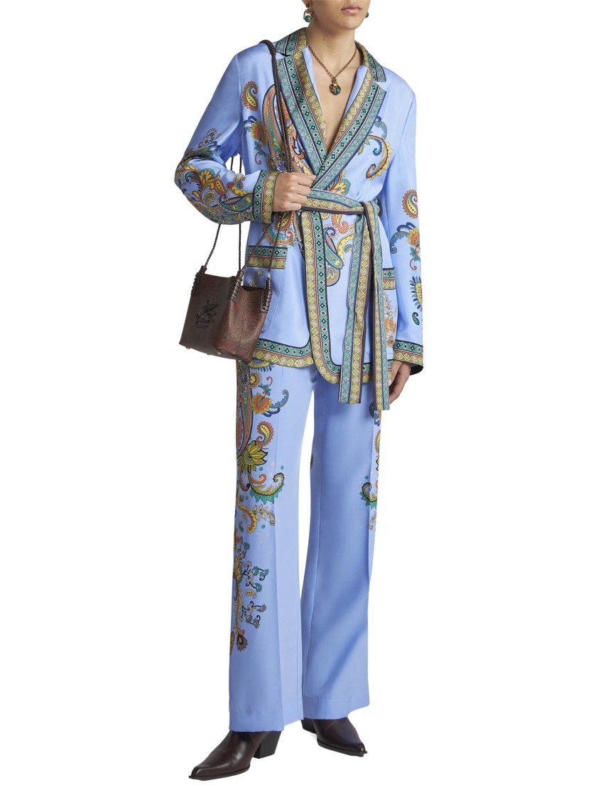 Etro Palazzo Silk Trousers With Floral And Geometric Print In Blue