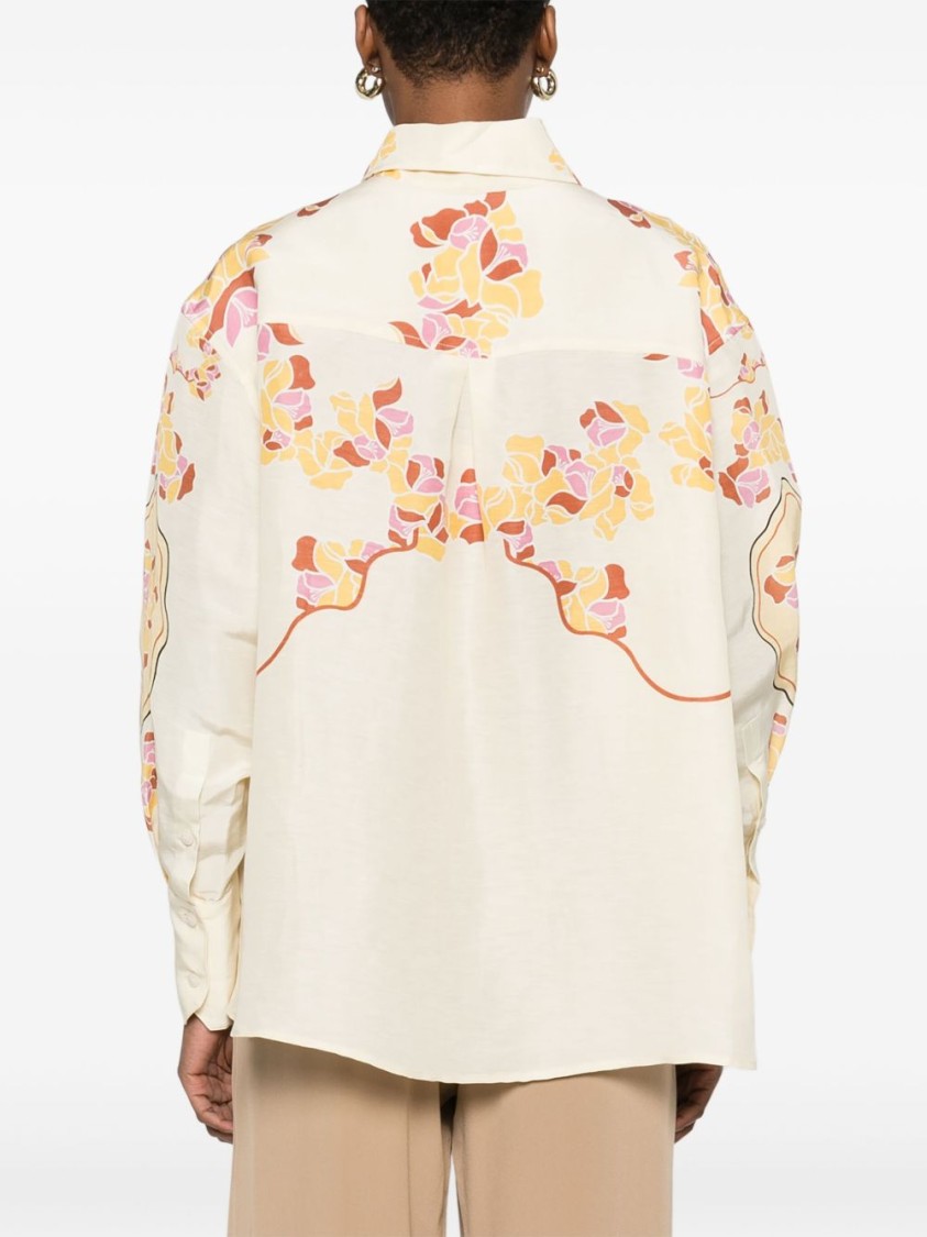 Shop Raquel Diniz Relaxed Ivory Linen Shirt With Floral Print In Neutrals