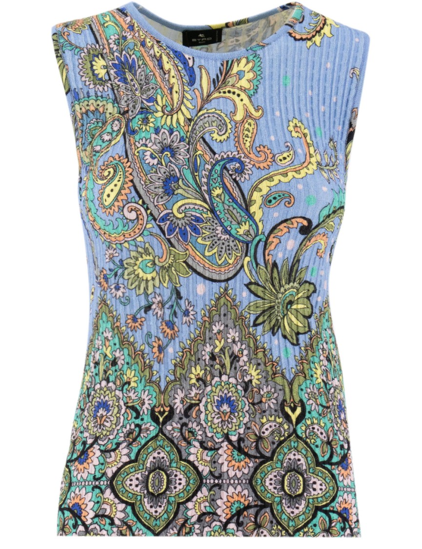 Etro Fitted Crew Neck Top With Floral In Blue