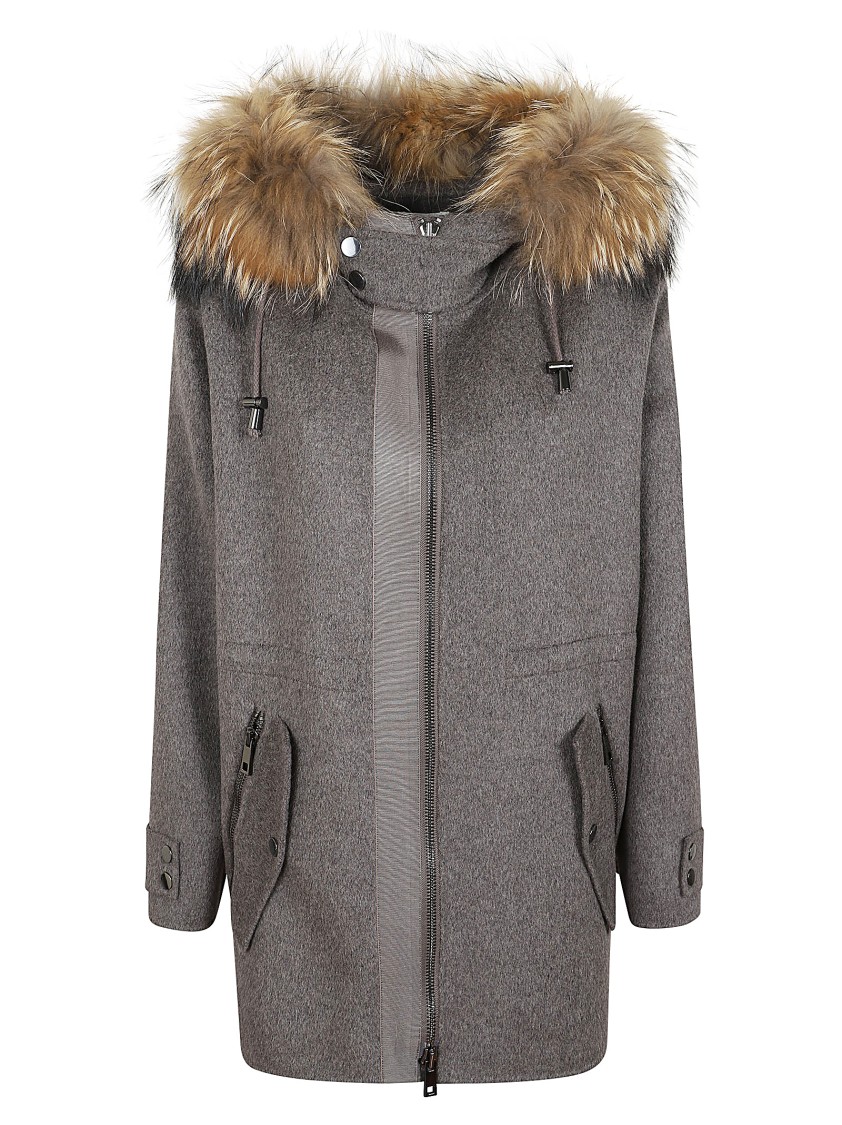 P.a.r.o.s.h . Relaxed Silhouette Wool Parka With Fur Trim In Gray