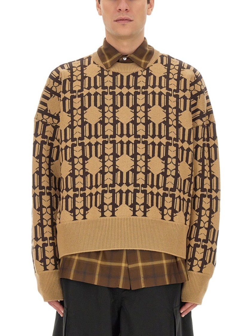 Palm Angels Embroidered Allover Monogram Jacquard Sweater In Brown