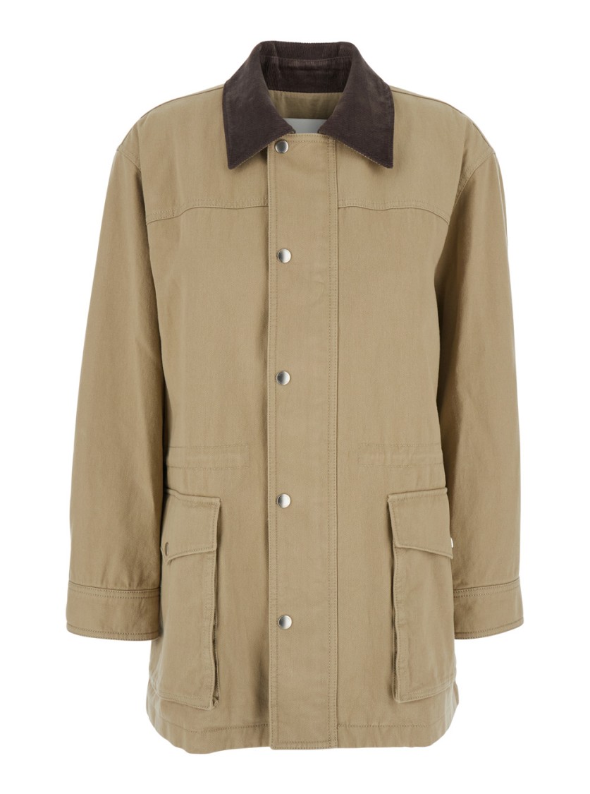 Dunst Beige Jacket With Corduroy Collar And Front Snap Button Closure In Cotton Woman