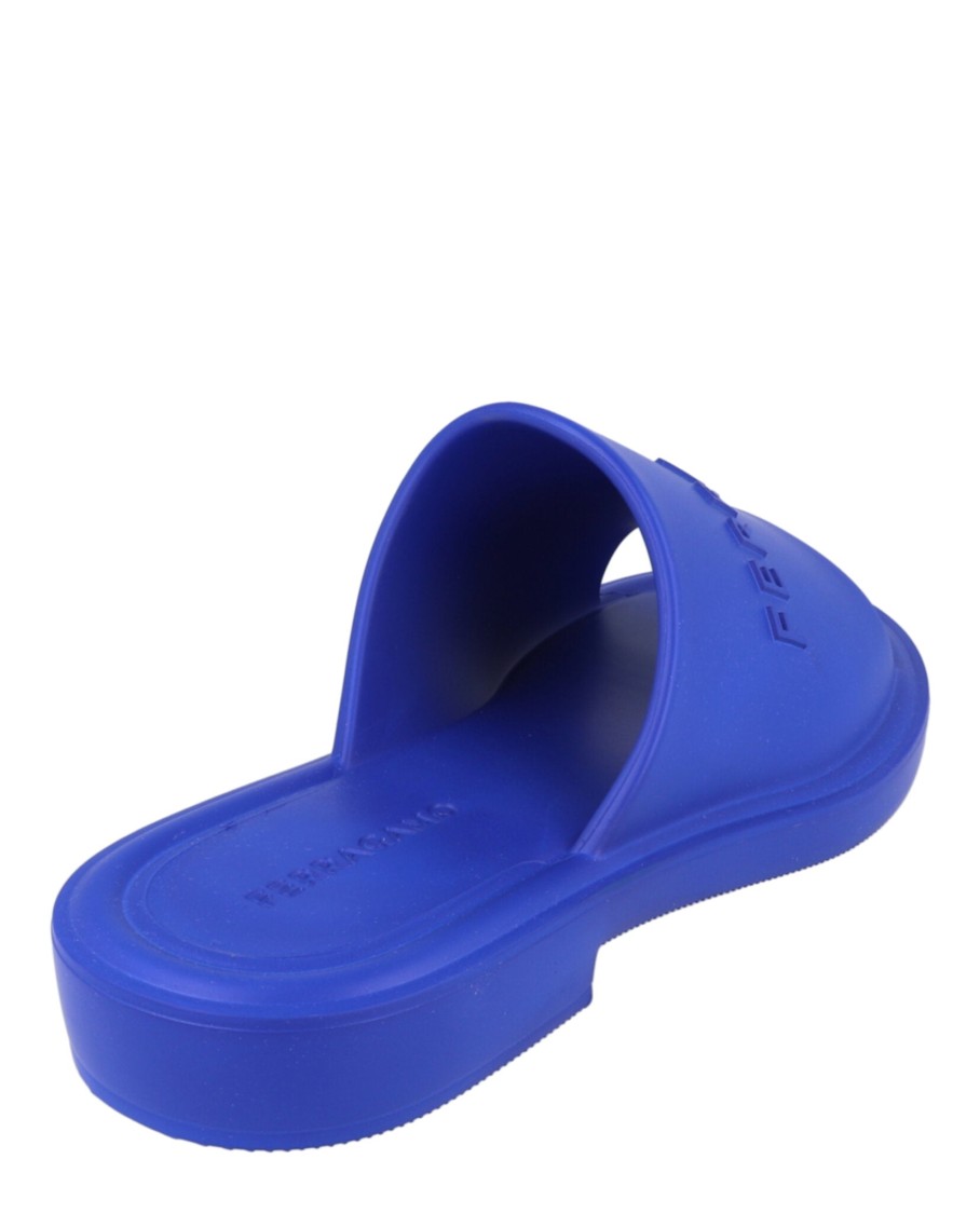 Ferragamo Giuneva Logo Embossed Slides In Blue
