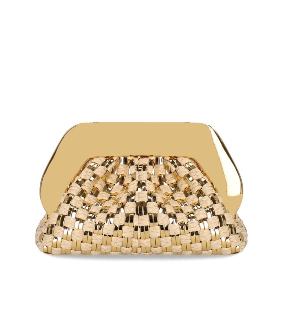 Themoirè Tia Micro Weaved Straw Laminated Gold Clutch Bag