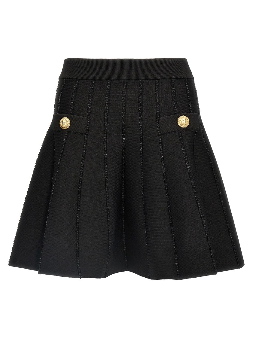 Balmain Flared Knitted Skirt With Sequin Detail And Trompe-l'œil Pockets In Black