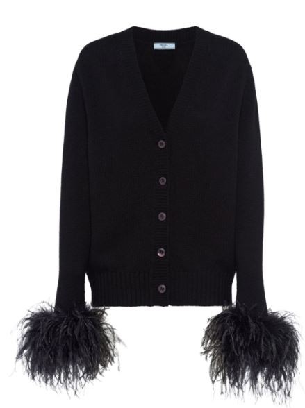 Prada Feather-trim Black Cashmere Cardigan With V-neck