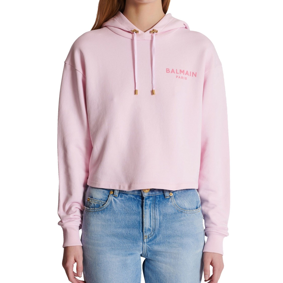 Balmain Flocked Logo Cropped Organic Cotton Hoodie In Blue