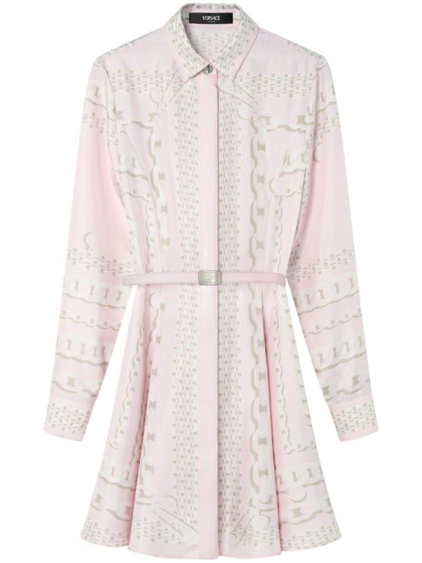 Versace Barocco Chain Pattern Mini Shirt Dress In Neutrals