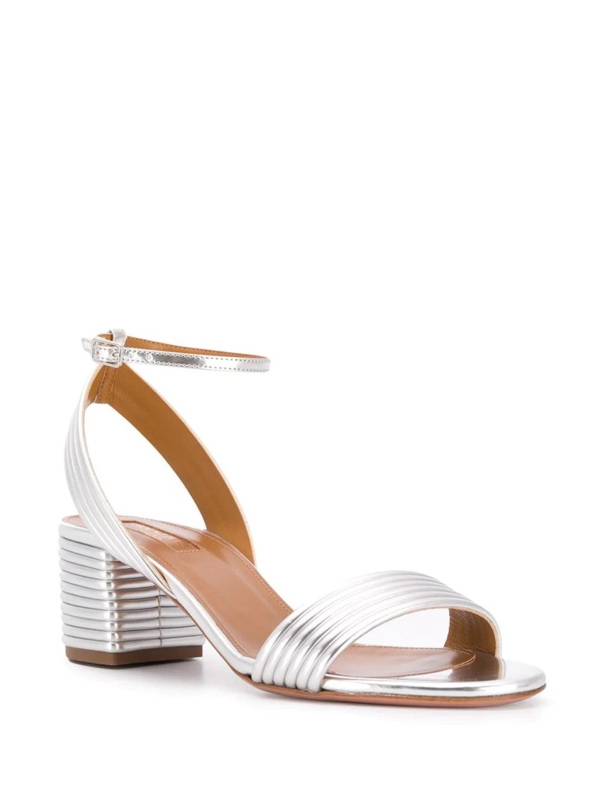 Aquazzura Sundance 50mm Metallic Leather Block-heel Sandals In Silver