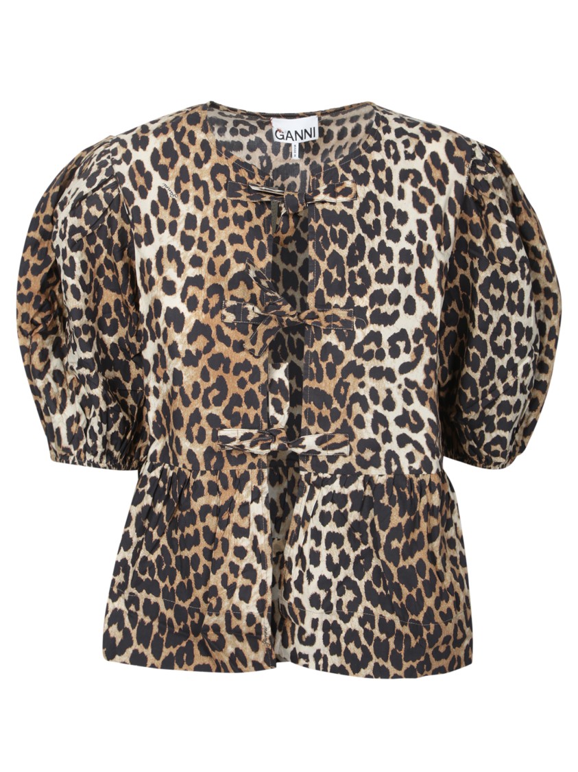 Ganni Multicolor Blouse With Front Tie Closure And All-over Leopard Motif In Cotton Woman In Brown