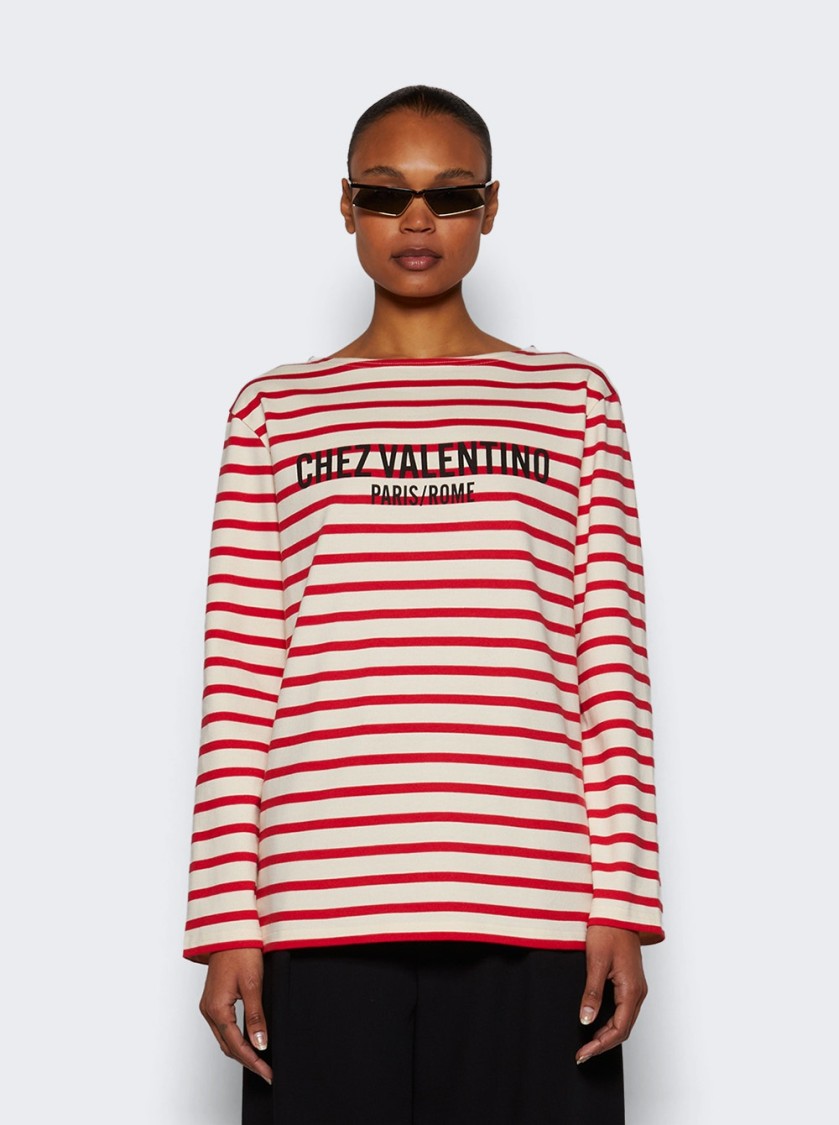 Valentino Striped Cotton Jersey Long Sleeve T-shirt Ivory And Red In Red