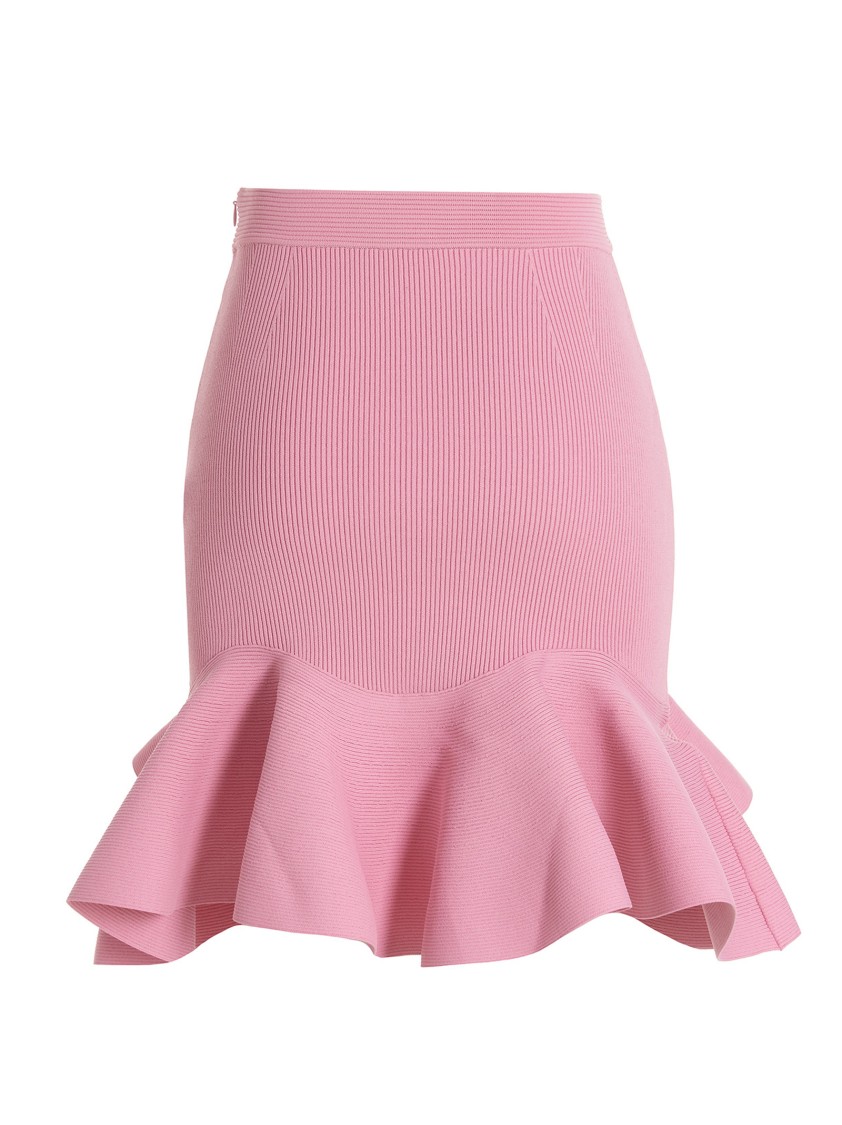 Alexander Mcqueen Mcqueen Fitted Ribbed Skirt With Flared Ruffle Hem In Pink