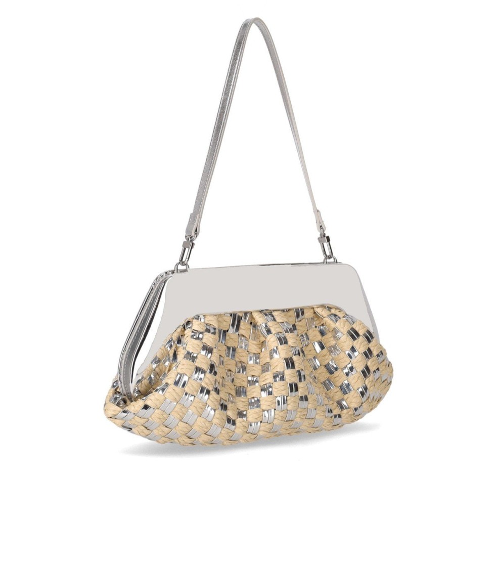 Themoirè Emera Micro Weaved Straw Laminated Silver Clutch Bag