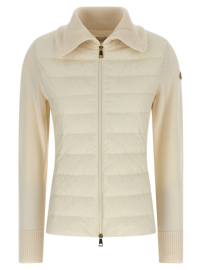 Moncler Two-material Cardigan With Goose Down Padding And High Neck In Neutral