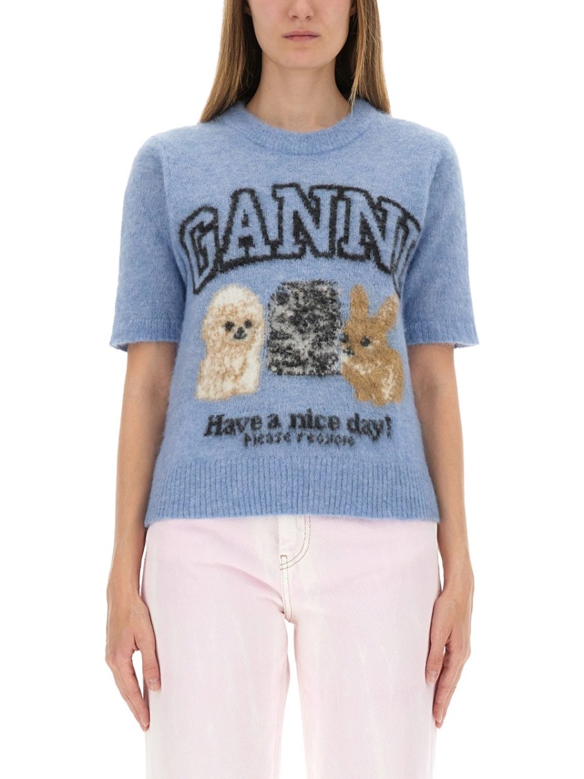 Ganni Light Blue Crewneck T-shirt With Maxi Logo Embroidery On The Front In Blue