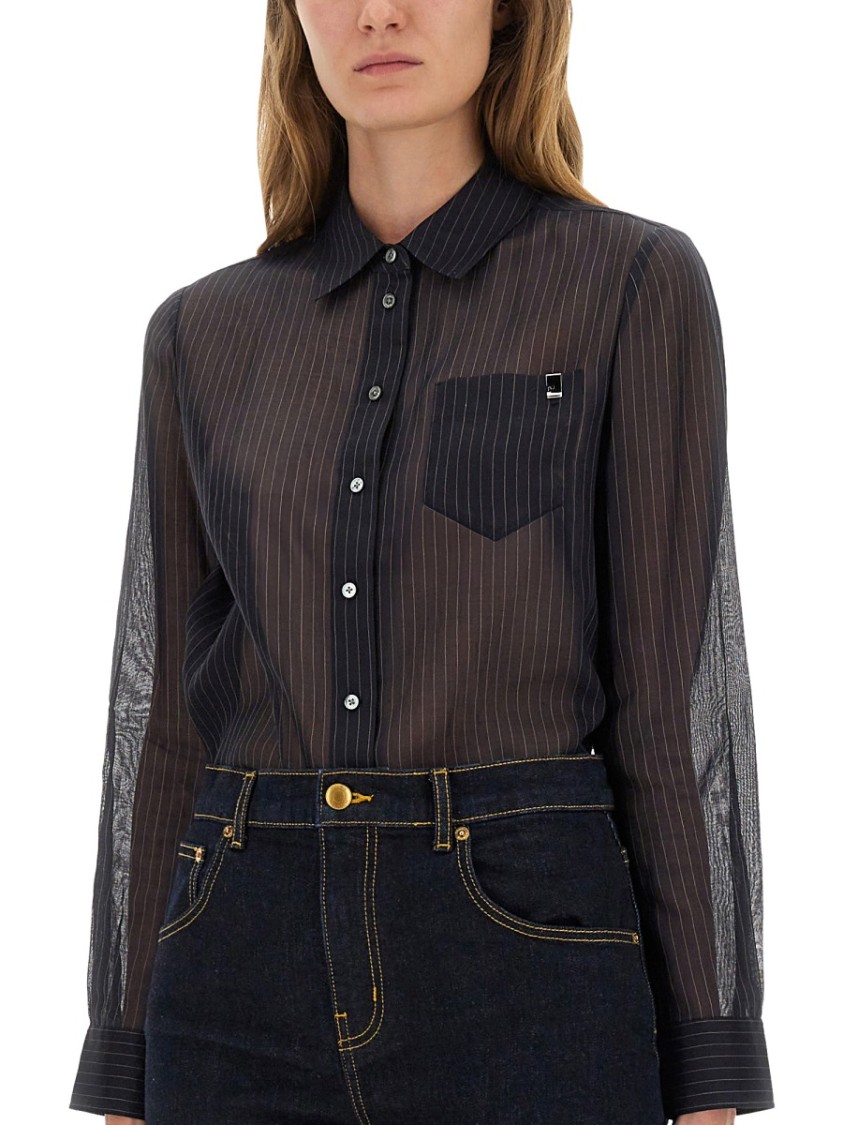 Tory Burch Vertical Stripe Cotton Shirt With Classic Collar And Chest Pocket In Black
