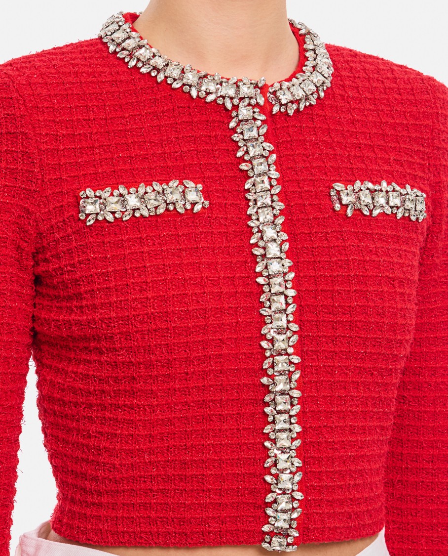 Shop Self-portrait Textured Knit Cardigan In Red