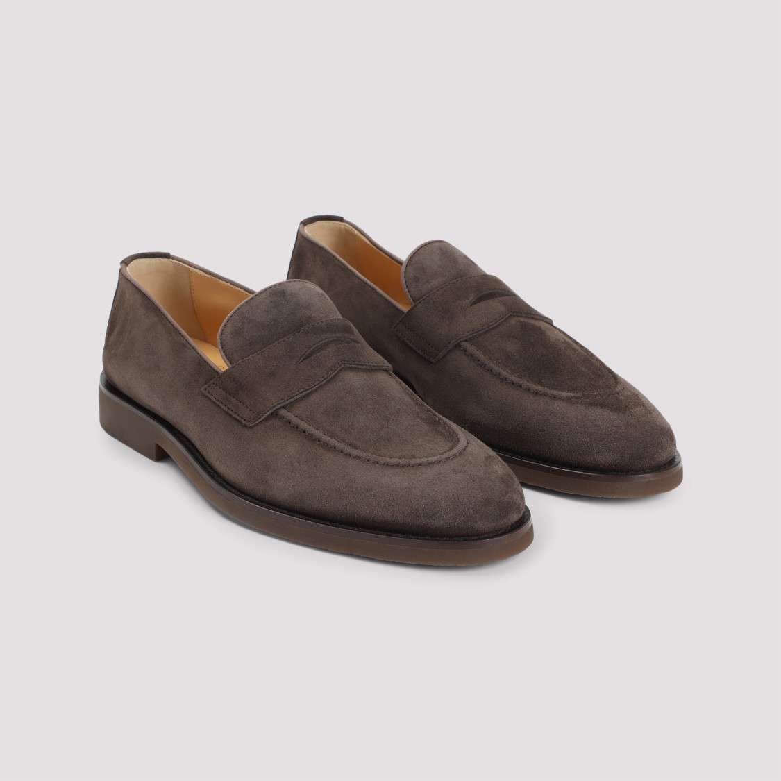 Brunello Cucinelli Suede Leather Loafers Almond Toe Penny Strap In Brown