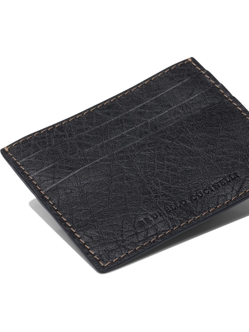 Brunello Cucinelli Black Leather Wallet With Textured Finish In Black