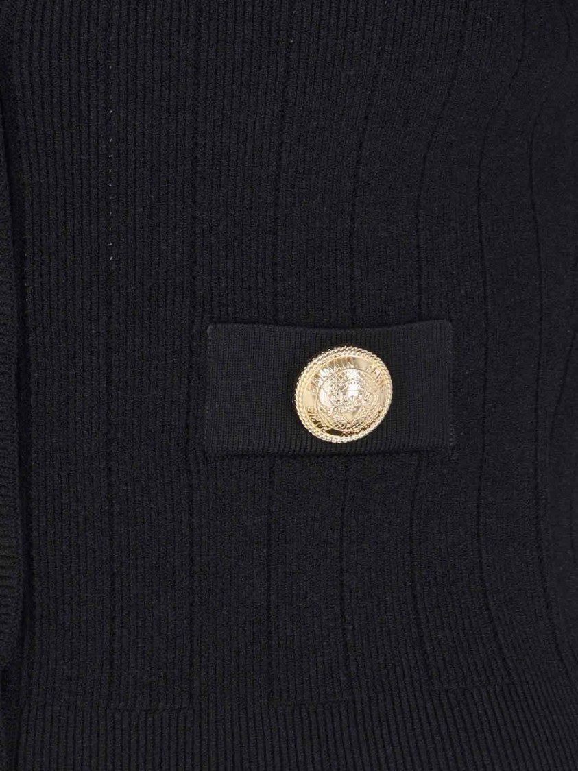 Balmain Black Ribbed Cardigan With Shoulder Pads And Logoed Metal Buttons